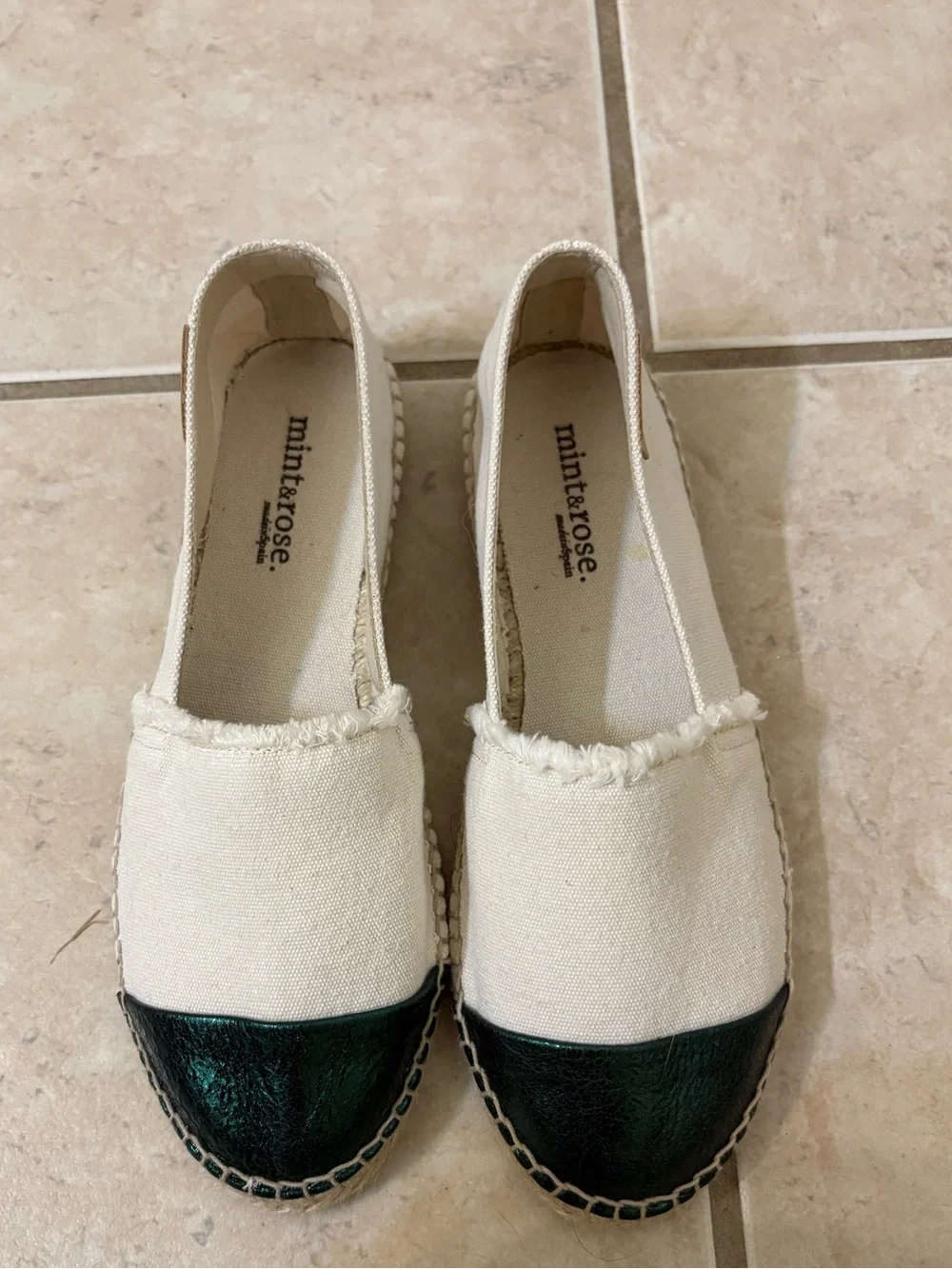 Mint & Rose Amalfi Creeper Espadrilles in Cream and cap toe metallic Green shoes